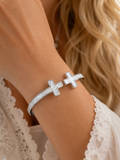Pearl cross open hinge Silver cuff bangle