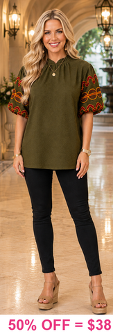 Olive Blouse with embroidered puff sleeves