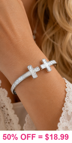 Pearl cross open hinge Silver cuff bangle