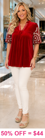 Red Velvet Embroidery Blouse