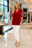 Red Velvet Embroidery Blouse