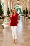 Red Velvet Embroidery Blouse