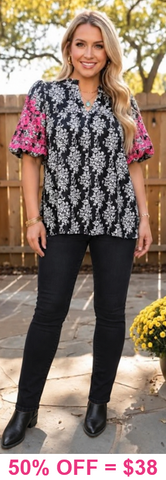 Floral blouse with pink embroidery sleeves