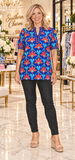Blue and Red design print blouse with v-neck detail