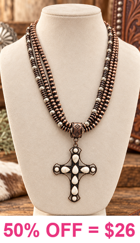 Copper beaded necklace with Cream cross