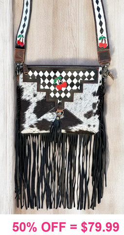 Checkered, Cherry, Genuine Leather Cow hide, fringe bag
