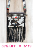 Checkered, Cherry, Genuine Leather Cow hide, fringe bag