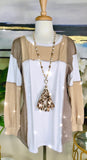 2X/3X : Brown, Taupe, White open-stitch long sleeve top