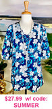 Navy, Blue,and White Floral Blouse with v-neck