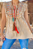 3X : Striped Sleeveless Top with Tribal Embroidery