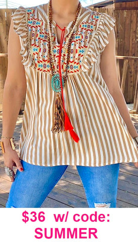 Striped Sleeveless Top with Tribal Embroidery