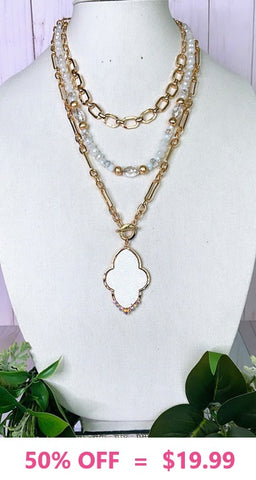 Gold Chain & White Beaded Layer Necklace with White Glitter Pendant