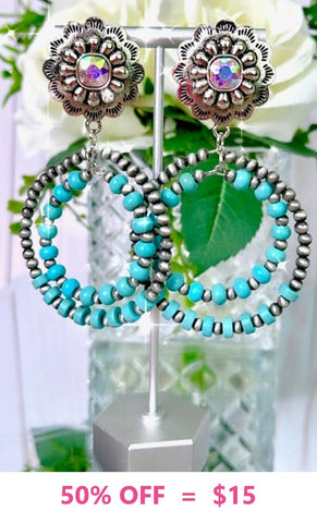 Silver Concho Bling Post Earrings with Turquoise Beaded Hoops
