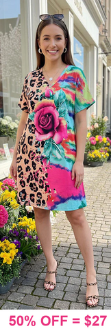 Leopard, Pink Rose, Colorful TieDye Dress