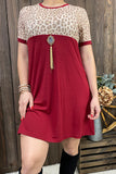 L, XL, 2X, 3X Leopard & Maroon dress with pockets