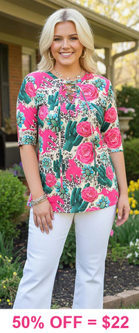 Cactus, Rose, Leopard criss cross neck top