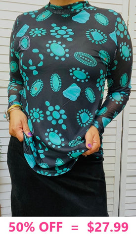 Black Top with Turquoise concho print and sheer long sleeves