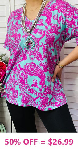 Turquoise and Pink Paisley top