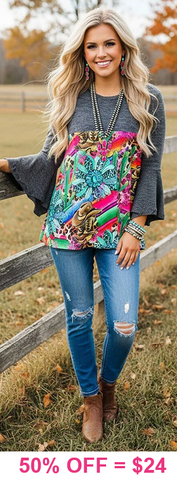 Grey bell sleeve Western print top