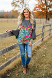 Grey bell sleeve Western print top