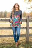Grey bell sleeve Western print top