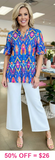 Blue Tribal v-neck top with ruffle sleeve