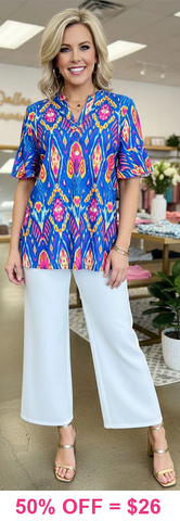 Blue Tribal v-neck top with ruffle sleeve