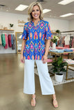 Blue Tribal v-neck top with ruffle sleeve