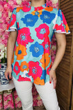 Blue Flower top with flutter sleeve