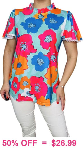 Blue Flower top with flutter sleeve