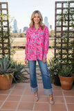 Pink Printed Long Sleeve Collar Top