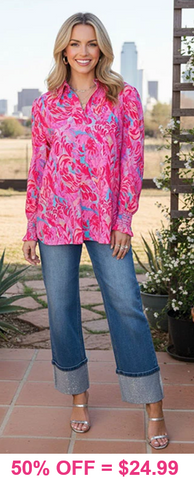 Pink Printed Long Sleeve Collar Top