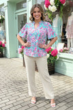 Turquoise & Pink Floral Top flutter sleeves
