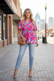 Pink baby doll top blue floral print