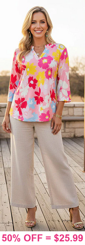 Pink & Yellow flower v-neck top