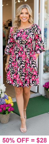 S, M, 2X, 3X : Black & Pink Floral Dress