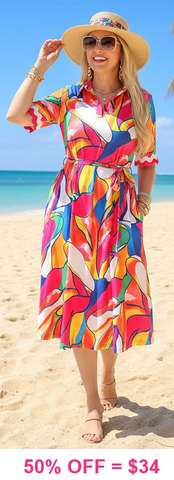 Colorful tie belt dress with collar