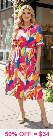 Colorful tie belt dress with collar