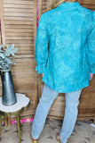 Turquoise V-Neck Long Sleeve Blouse