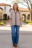 Brown Stripe blouse with leopard trim