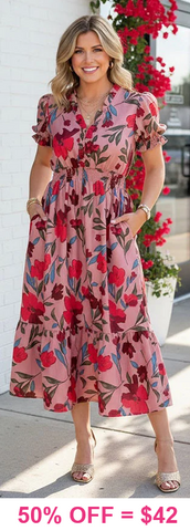 Mauve Floral v-neck midi dress