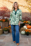 Green Floral blouse with v-neck and collar