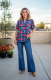 Blue and Red design print blouse with v-neck detail