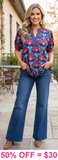 Blue and Red design print blouse with v-neck detail