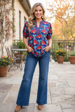 Blue and Red design print blouse with v-neck detail