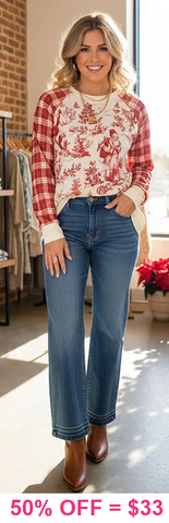 Red Vintage Santa top with plaid sleeves