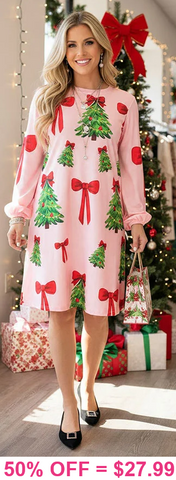 Pink Dress with Christmas trees & bows