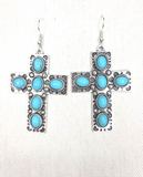 Turquoise Stone, Wide Cross, Earrings in silver tone