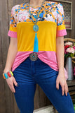 Pink & Yellow color block top with leopard & floral print