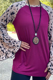 S, L, XL, Plum Top with Cheetah Long Bell Sleeves